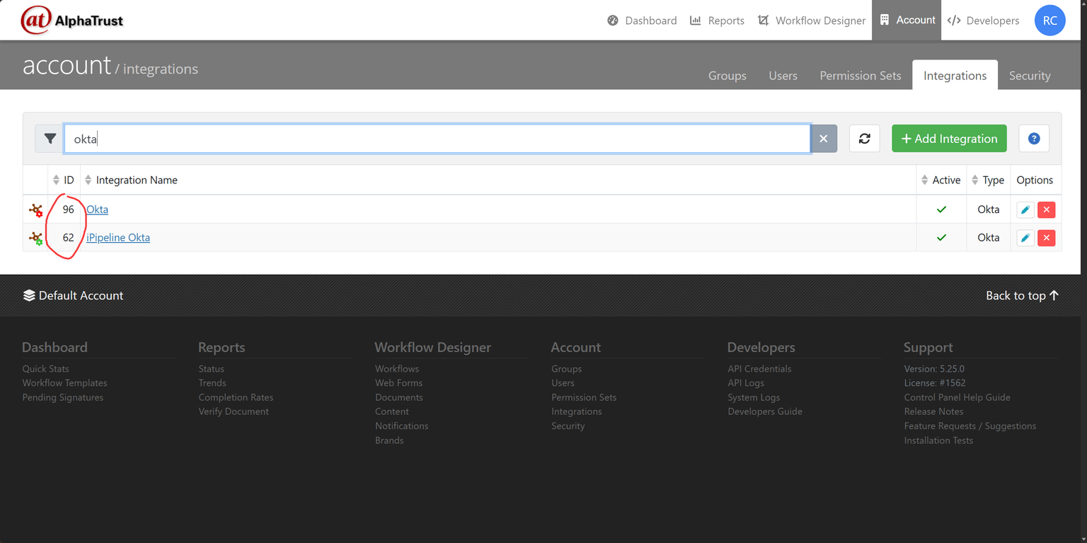 SSO Integration ID in the Control Panel